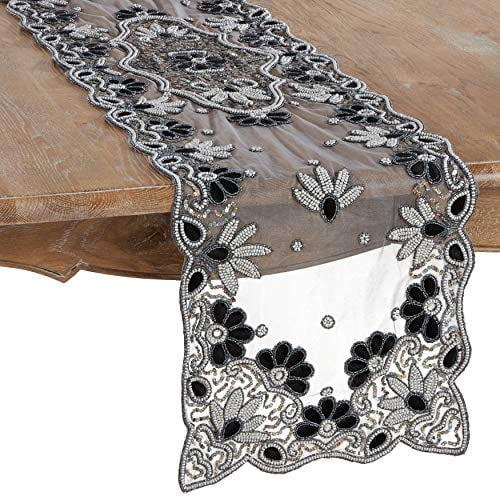 SARO LIFESTYLE Irena Collection Hand Beaded Design Table Runner, 16" x 72", Black
