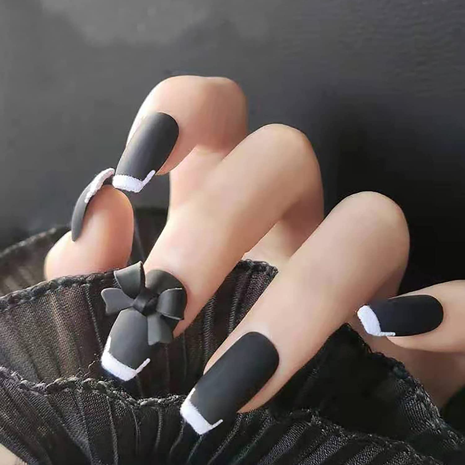 French Tip Press on Nails Medium with Designs, Matte Black Coffin Short