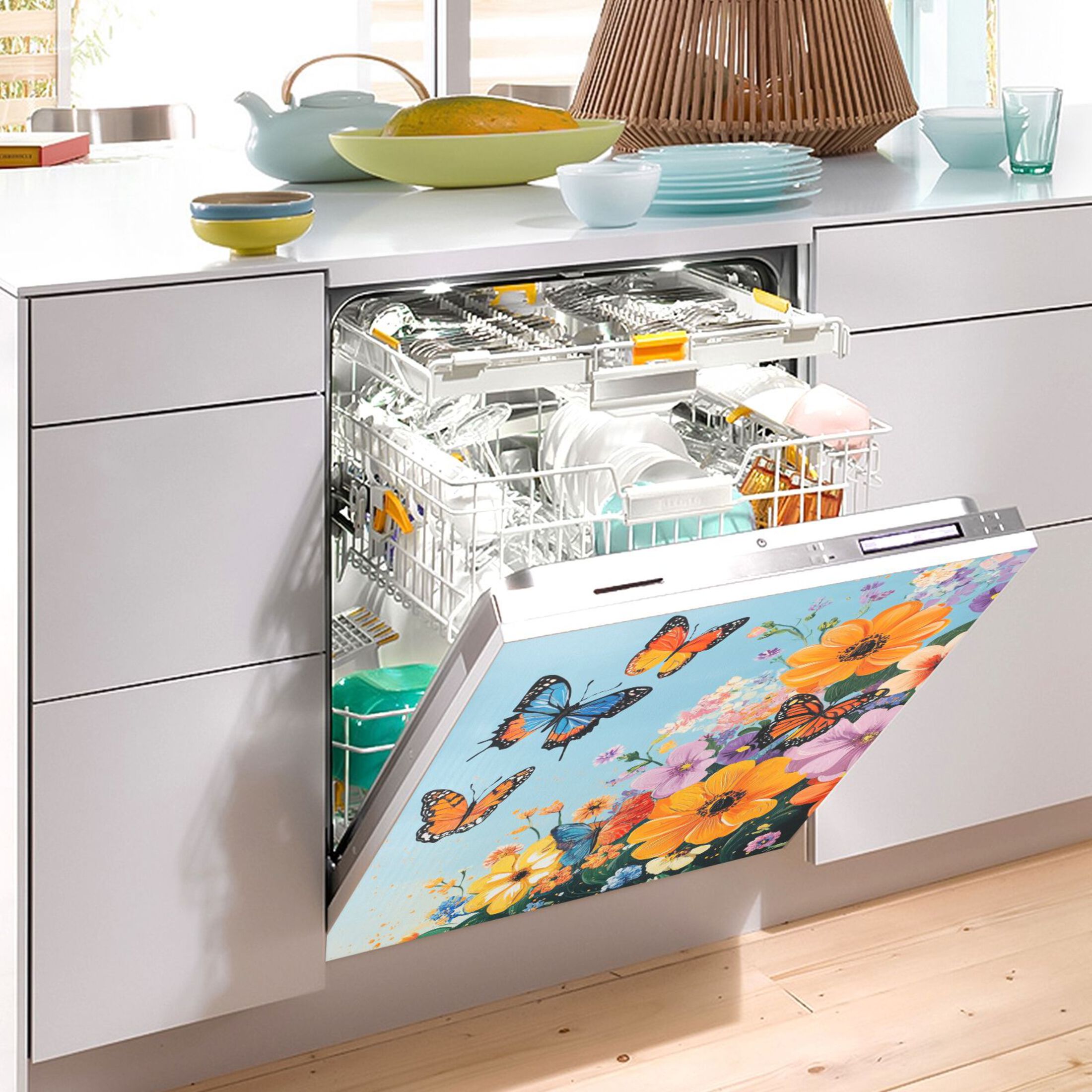 Dishwasher Magnetic Sticker 23x26 Inch Refrigerator Magnetic Sticker Washing Machine Magnetic Sticker Kitchen Panel Magnetic Sticker Home Decor Blue Flowers and Butterflies