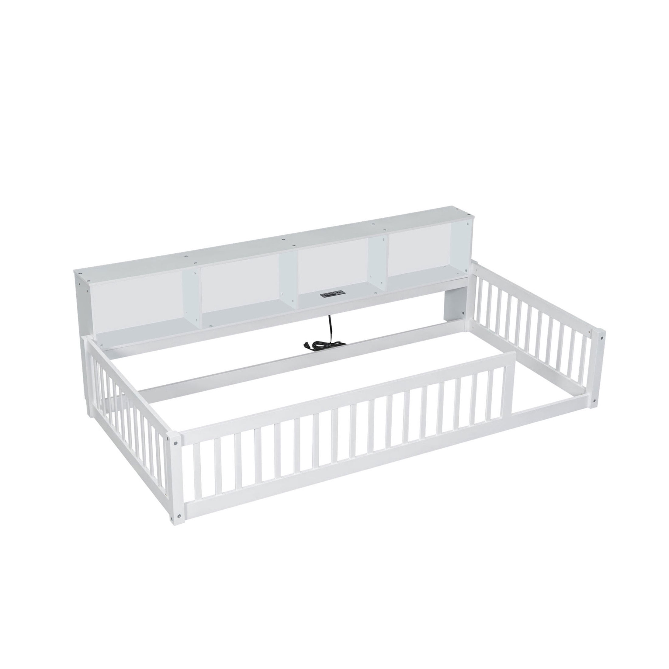 Noble House Twin XL Wood Floor Bed with Storage Cabinets and USB Charging Station, Space Saving Design, White