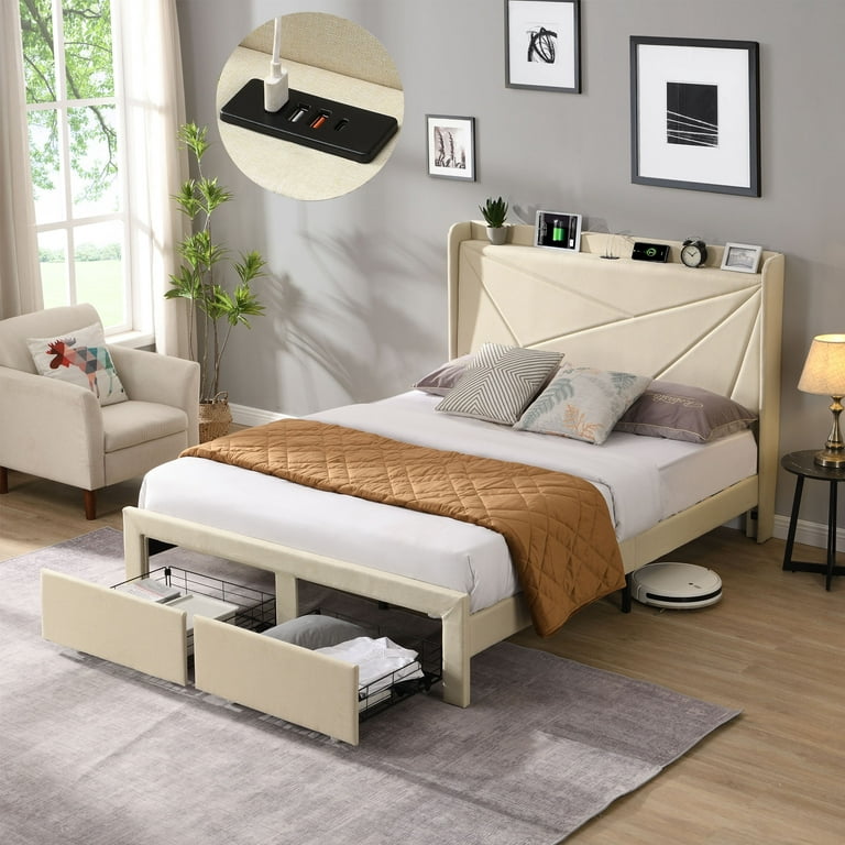 Casemiol Platform Bed Frame Full Size Bed Frame with Headboard Storage and Charging Station Noise Free No Box Spring Needed 55.9 inchw Bedroom