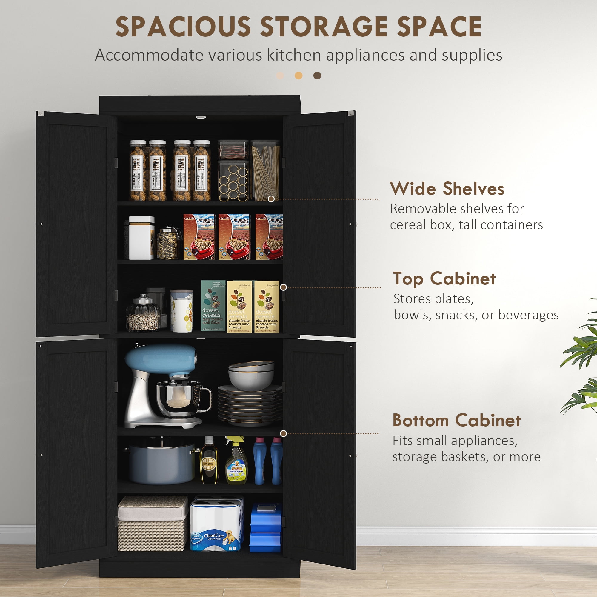 HOMCOM 72" Traditional Freestanding Kitchen Pantry Cupboard with 2 Cabinet, and Adjustable Shelves, Black Wood Grain