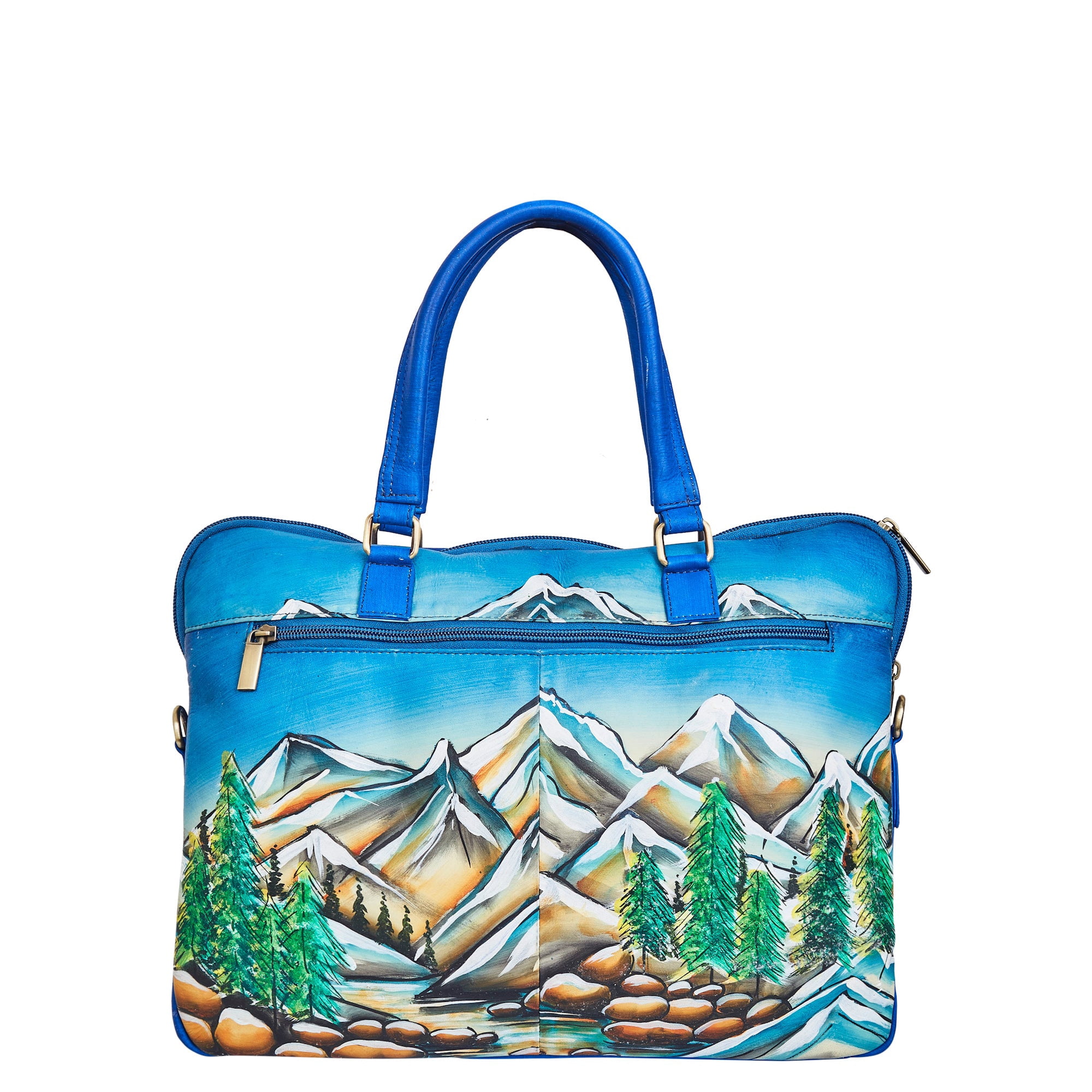 Sishka Womens Hand-Painted Leather Ladies Bags – Mountain Artwork Business Laptop Bag, Stylish Shoulder Briefcase for Women