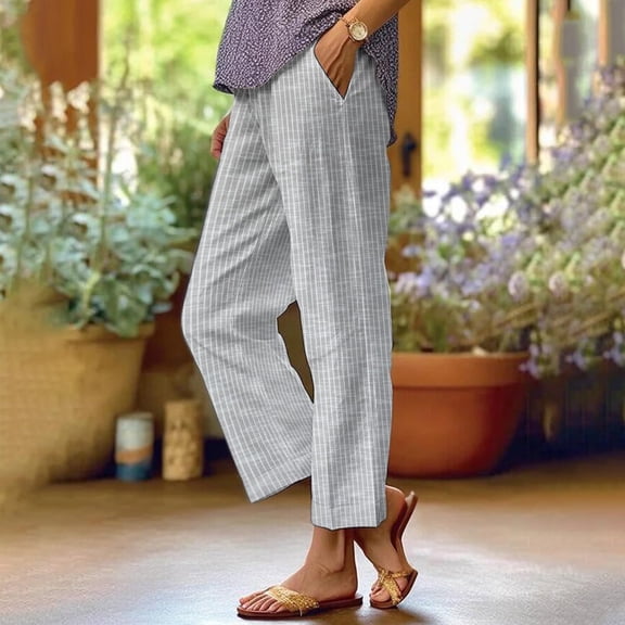 Dwellite Striped Linen Pants Women Elastic Waist Summer Boho Vacation Beach Pants Lightweight Cropped Straight Leg Lounge Pant Gray L