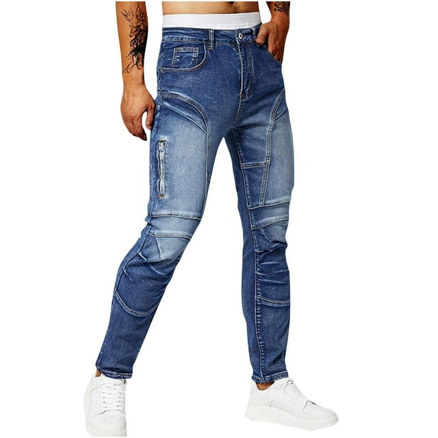 JMYHOAM Jean Pants for Men Casual Fashion Pocket Solid Color Motorcycle Elastic Tight Fitting Small Leg Denim Cargo Pants