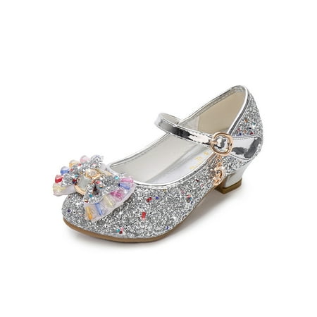 

Woobling Children Dress Shoes Sparkling Mary Jane Sandals Bow Princess Shoe Wedding Lightweight Glitter Casual Silver 11.5C