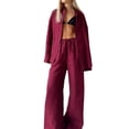 thumbnail image 2 of Women'S 2 Piece Sets-Linen Long Sleeve Shirts + Wide Leg Pants Vacation Outfits Matching Sets Wine Red S, 2 of 9