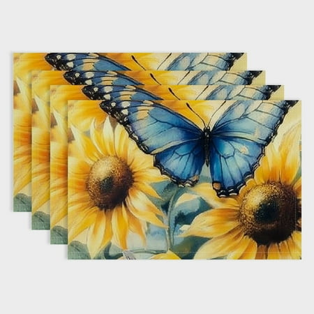 

Pratyus 4pcs Butterfly Sunflowers Linen Placemat Set for Dining Tables Restaurants - Washable Heat-Resistant & Insulated 18x12in