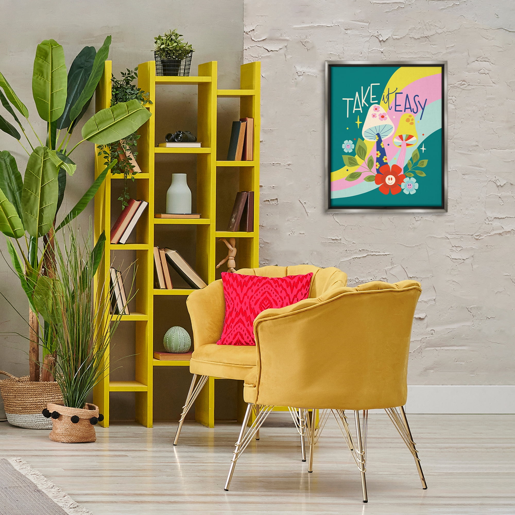 Stupell Industries Take It Easy Mushrooms Plants & Flowers Painting Gray Floater Framed Canvas Art Print Wall Art, 17 x 21