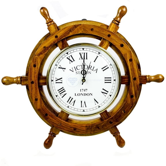Nagina International Nautical Handcrafted Wooden Premium Wall Decor Wooden Clock Ship Wheels | Pirate's Accent | Maritime Decorative Time's Clock (24 Inches, Clock Size - 5 Inches)