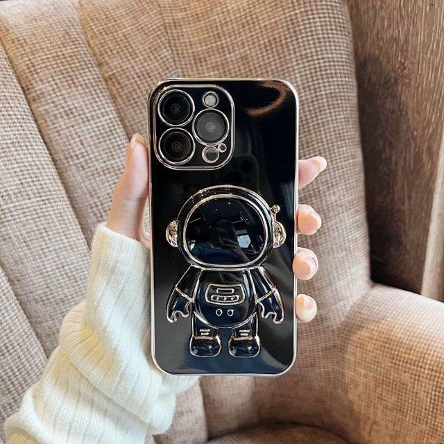 Funda con soporte plegable de astronauta galvanizada para iphone 11 12 13 14 Pro Max x xr xs max 7plus, funda protectora de silicona para lente de cámara Deng Xun unisex