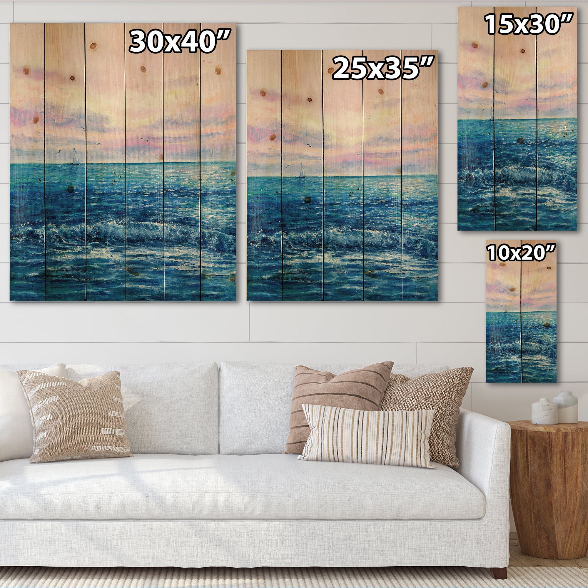Designart 'Sunrise Glow On The Ocean Waves II' Nautical & Coastal Print on Natural Pine Wood