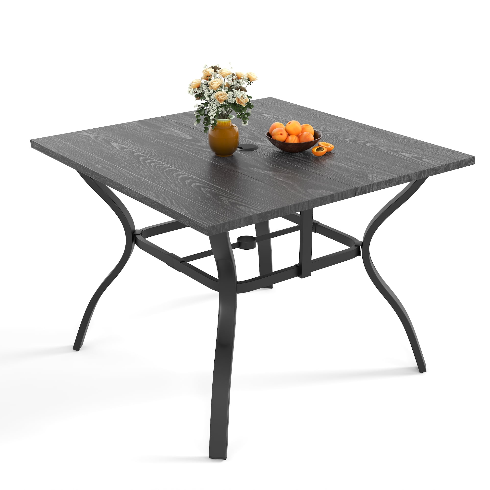 5‑Piece Outdoor Patio Dining Set, 4 Metal Chairs (350 lbs Capacity), 37.8" Square Wood‑Grain Metal Table w/ Umbrella Hole,Rustproof, Ergonomic Slat Design, 30‑Min Quick Assembly, Ideal for Garden