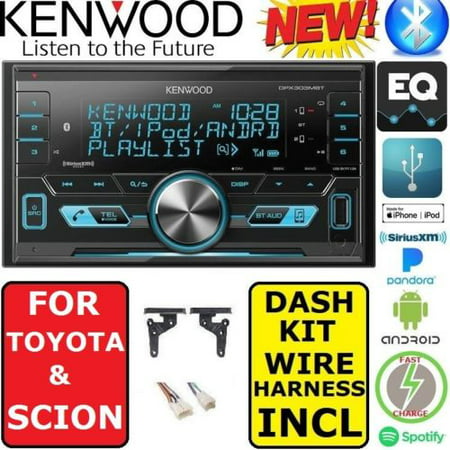 FOR TOYOTA & SCION KENWOOD AM/FM USB/BLUETOOTH CAR RADIO STEREO PKG WITH OPT SIRIUSXM SATELLITE RADIO.  INCLUDES SPECIFIC INSTALLATION HARDWARE, DASH KIT, WIRE HARNESS, AND ANTENNA