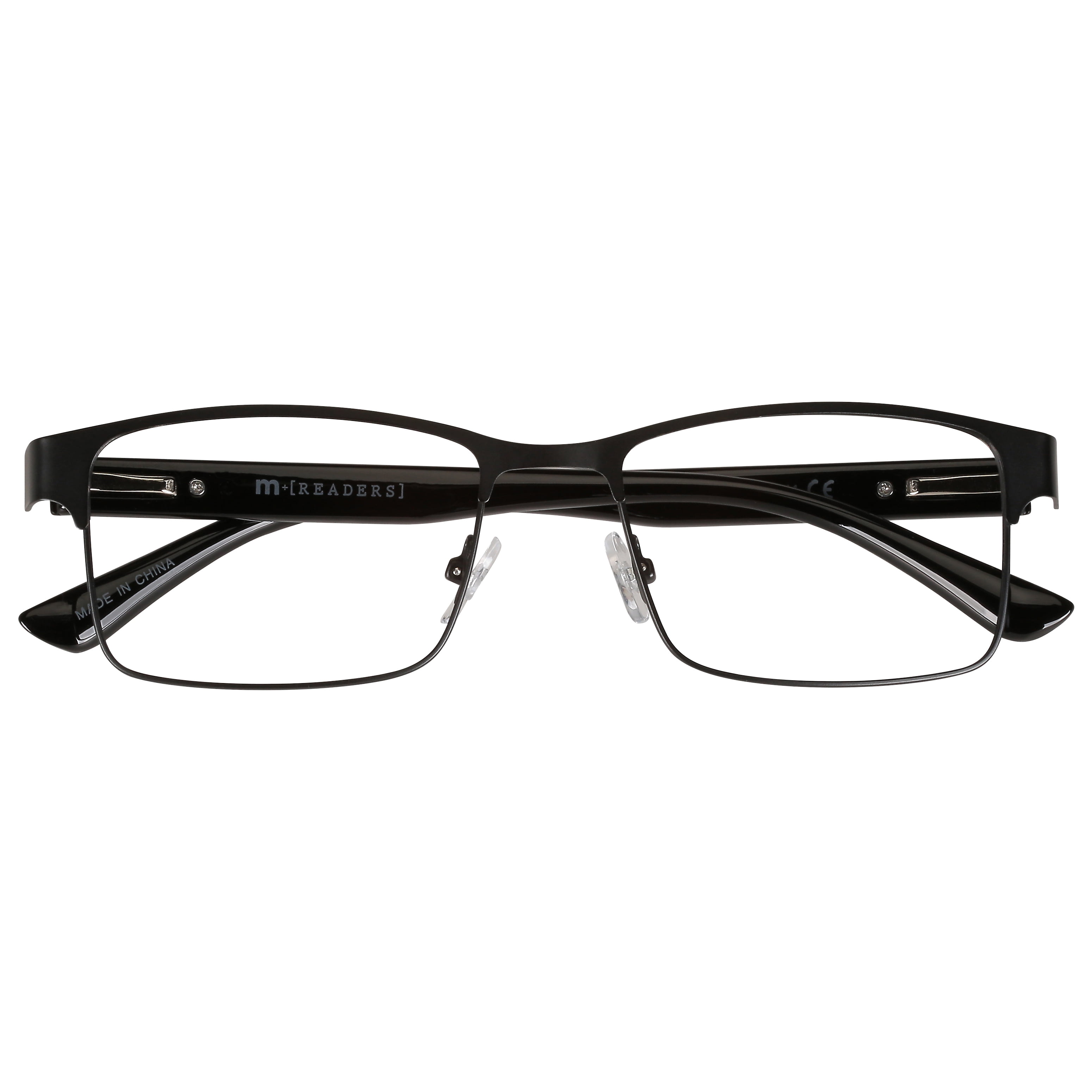 M+ Mens Rectangular Flat Metal Reading Glasses 1.25 Ash in Classic Matte Black