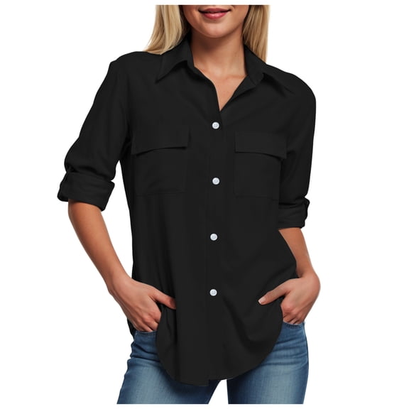 larppty Womens Button Down Shirts Cotton Long Sleeve Collared Office Work Blouses Tops with Pockets (Black, S)