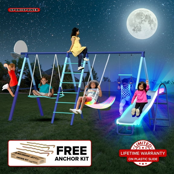 Sportspower Ramona 7-in 1 Outdoor Swing Set with Swing, Skyflyer, Trapeze, Ladders, Basketball Hoop, Lifetime Warranty on 5' Slide, & Bonus Anchor Kit, Great for Kids Aged 3-8