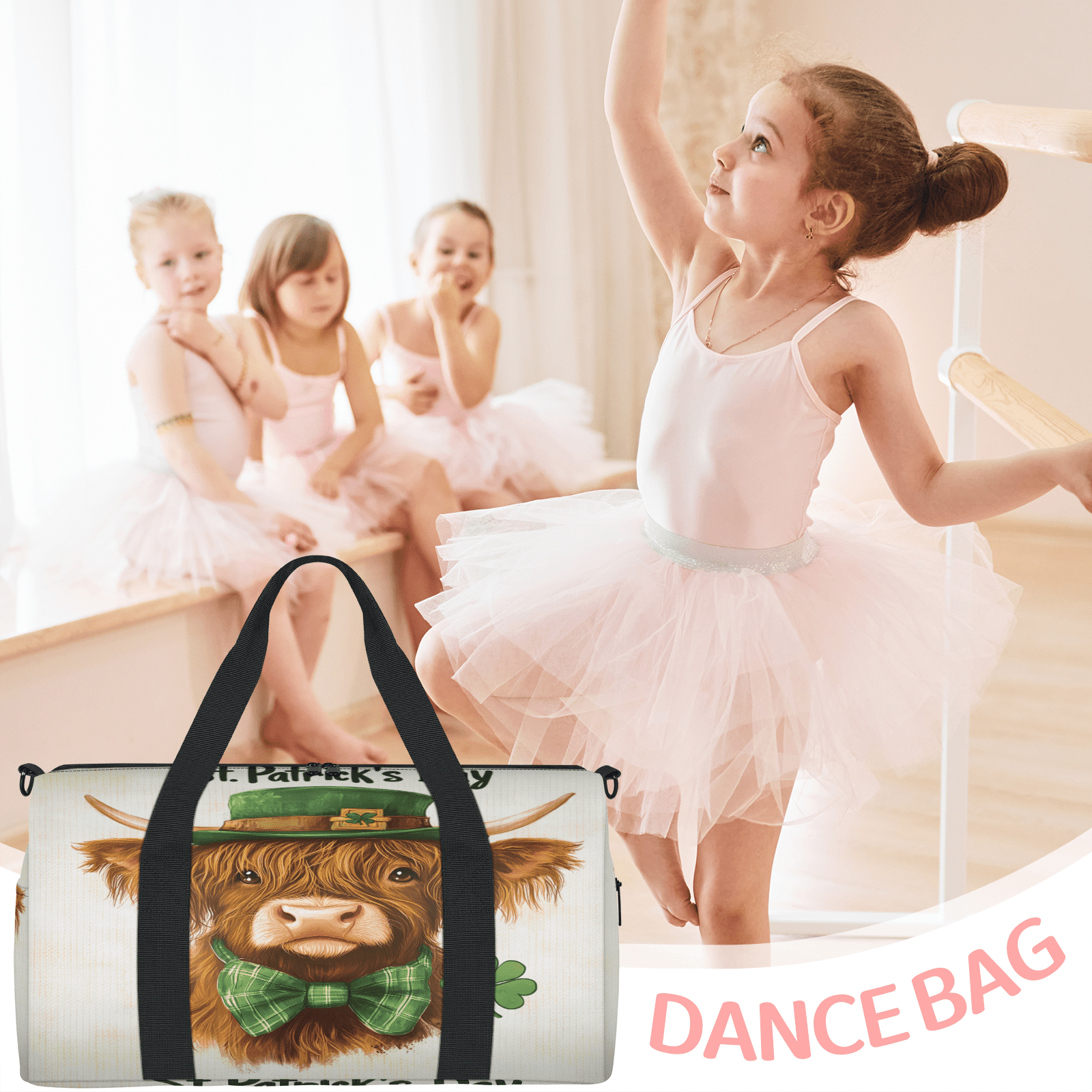 Herdesigns Highland Cow St. Patrick's Day Gym Bag for Women, Duffle Bag for Travel Sport, Lightweight Waterproof Carry on Weekender Overnight Dance Yoga Workout Bags