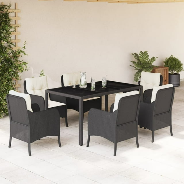 vidaXL 7 Piece Garden Dining Set with Cushions Black Poly Rattan