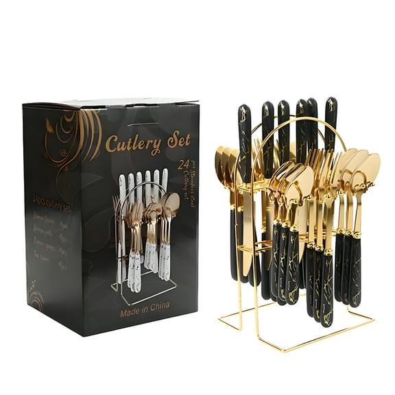 FACEGA 24Pcs Spoons and Forks Set 410 Stainless Steel Utensils Set Imitation Ceramic Handle Multi-Purpose Flatware Set,Black Gold