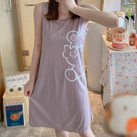 

Women Summer Nightdress Girls Sleeveless Pajama Crew Neck Loose Sleepwear Casual Home Night Gown Korean Version Pajama Cartoon Printing Night Dress with Removable Chest Pad