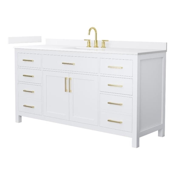 Beckett 66" White Single Vanity & White Quartz Top (3-Hole) & Gold Trim