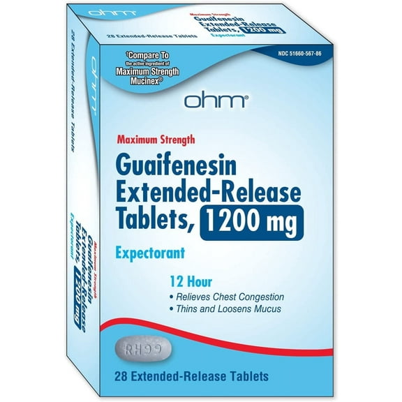 Ohm Guaifenesin Chest Congestion & Mucus Relief Extended-Release Tablets, 1200 mg, 12-Hour Expectorant, 28 Count