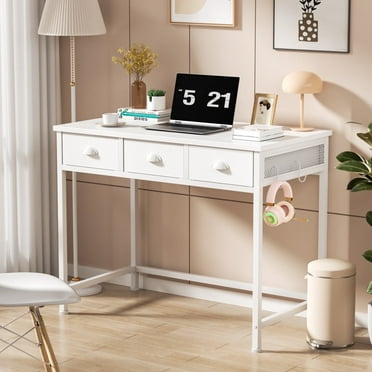 Satifur White Writing Desk with Drawers & Hooks, 40" Computer Desk with 3 Fabric Drawers for Bedroom, Home Office