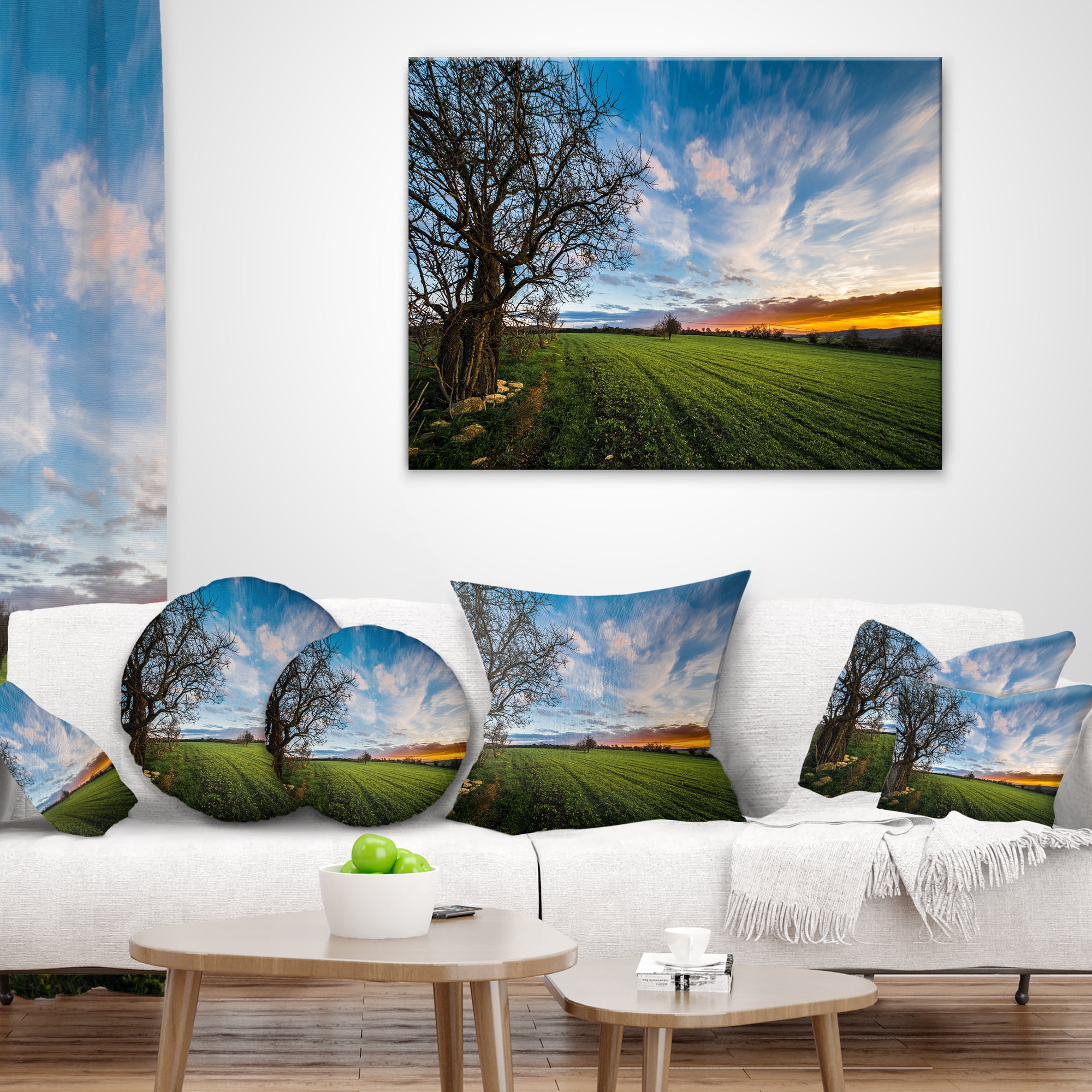 Designart Green Pasture under Blue Sky - Landscape Printed Throw Pillow - 12x20