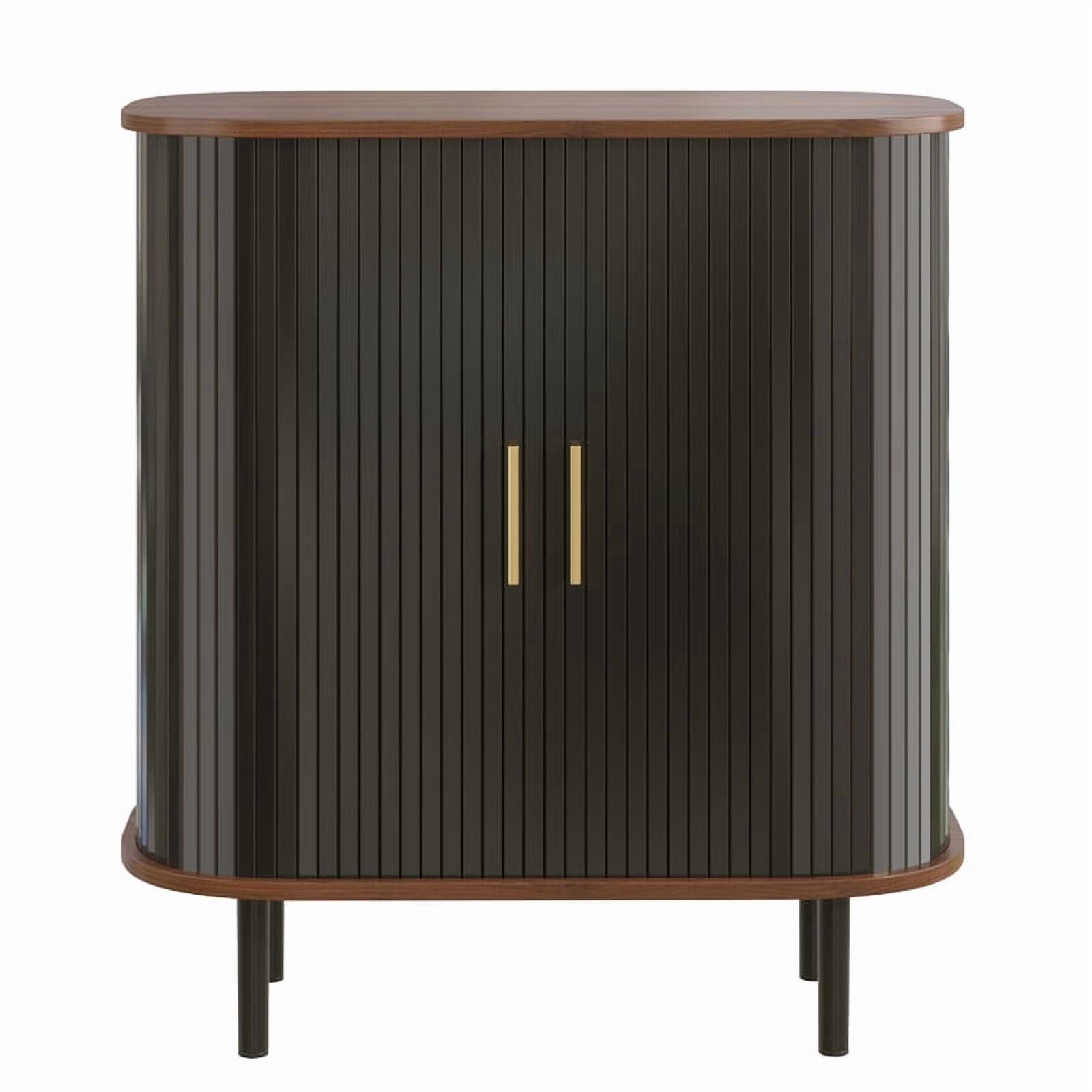 28" Fluted Wine Bar Cabinet – 8-Bottle Wine Rack, 5-Level Adjustable Shelves, 2 Glass Holders, Sliding Tambour Doors, 4 Hidden Side Compartments, Modern Liquor Coffee Station