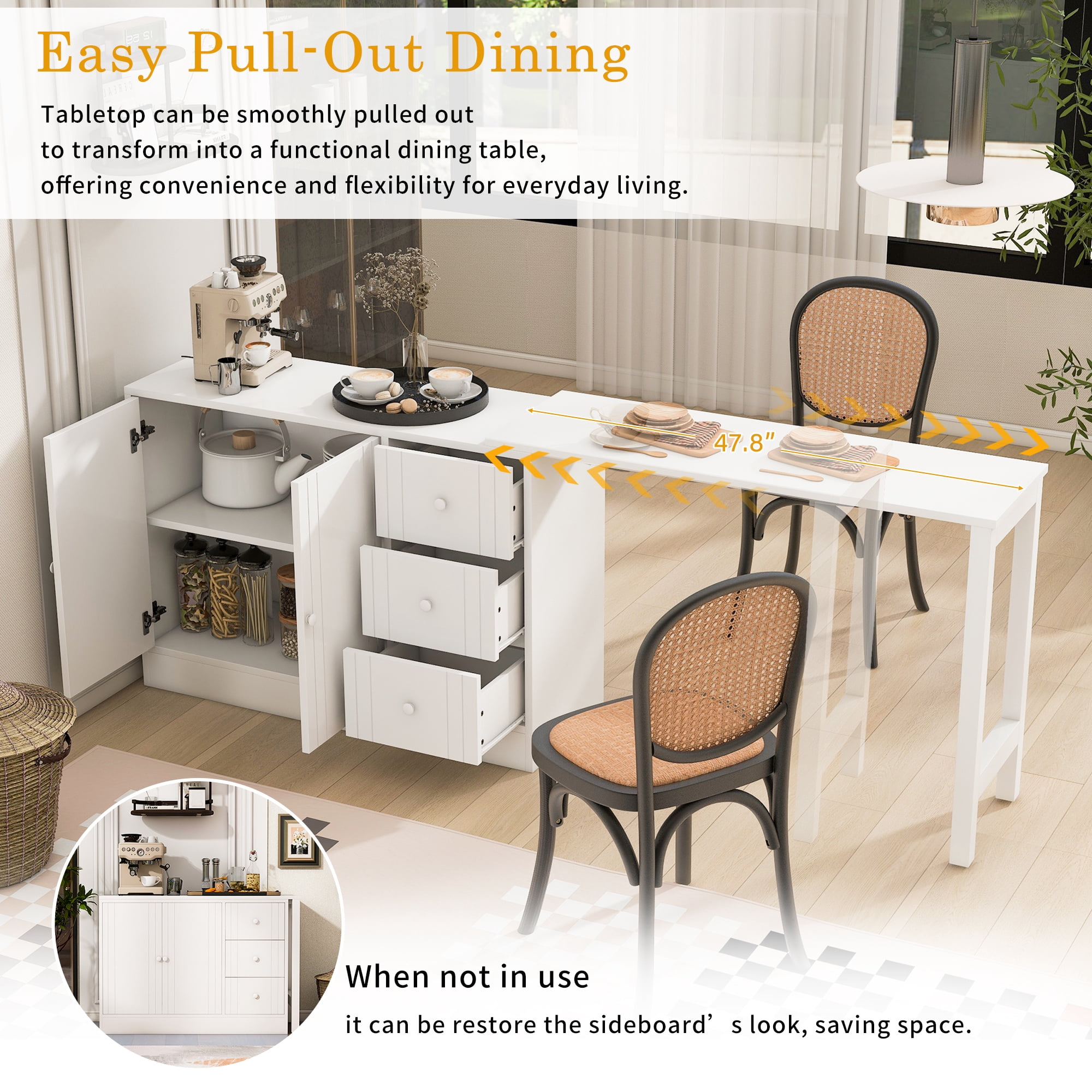 Euroco 89.7" Sideboard with Extendable Table, Multifunctional Buffet Storage Cabinet with 2 Doors and 3 Drawers Coffee Bar Station for Living Room,Study,Kitchen, White