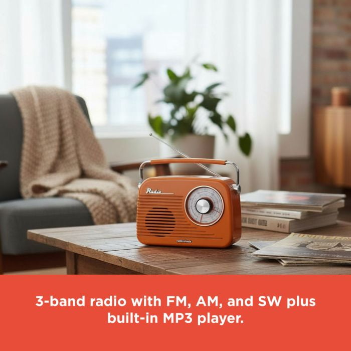 RadioShack Portable Retro AM/FM/SW Radio with Bluetooth, Rechargeable Battery, High-Power Speaker, USB and microSD Playback, 3.5mm Input, Orange, Model 4001802