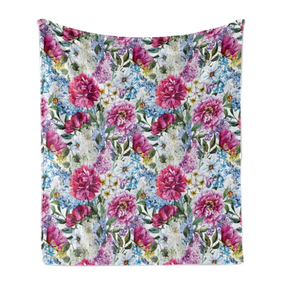 Floral Soft Flannel Fleece Blanket, Colorful Watercolor Look Motley Bouquet Flowers Retro Style Spring Awakening Pattern, Cozy Plush for Indoor and Outdoor Use, 60" x 80", Multicolor, by Ambesonne