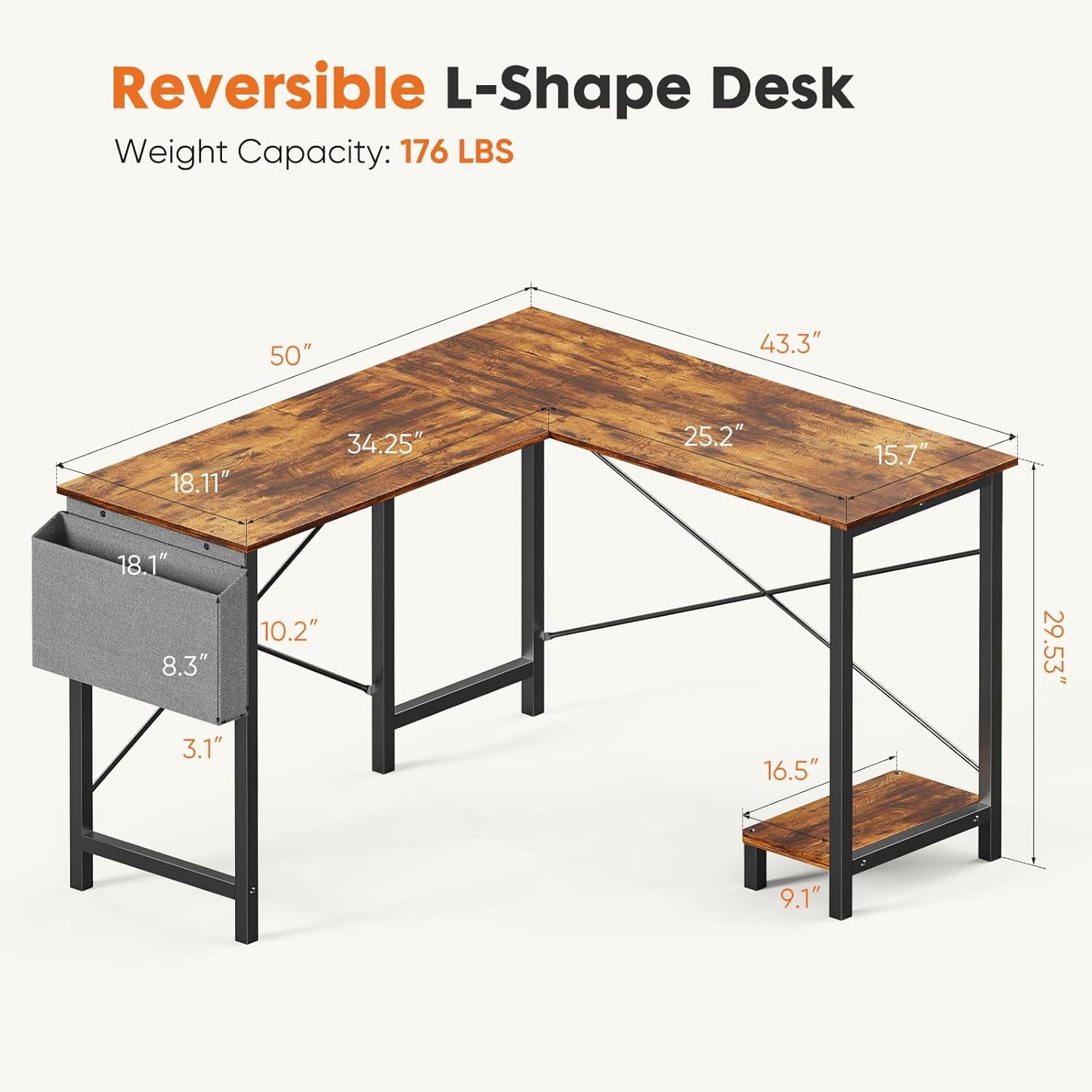 Bigleap L Shaped Computer Desk - Gaming Table Corner Desk 50 Inch PC White Writing Desk Study Desks with Wooden Desktop CPU Stand Side Bag Reversible for Home Office Room Small Space, Brown