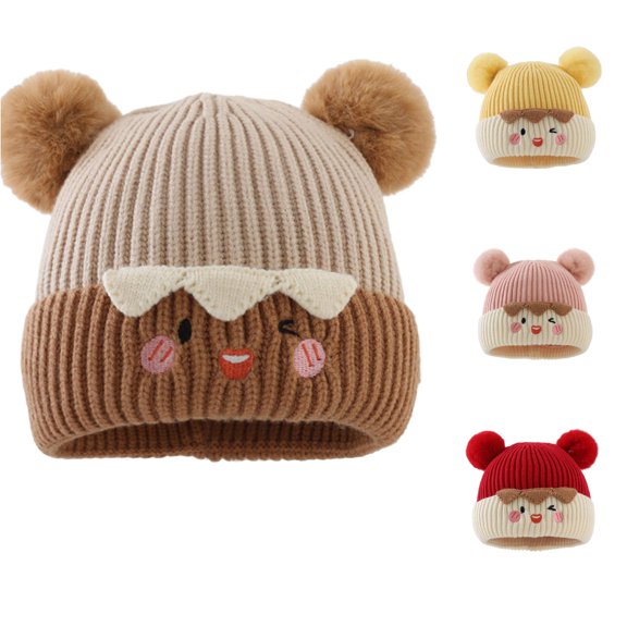 Oiyii Toddler Boys Cartoon‑Embroidery Knit Hat Solid Winter‑Warmth Beanie Daily‑Wear Headwear, Beige