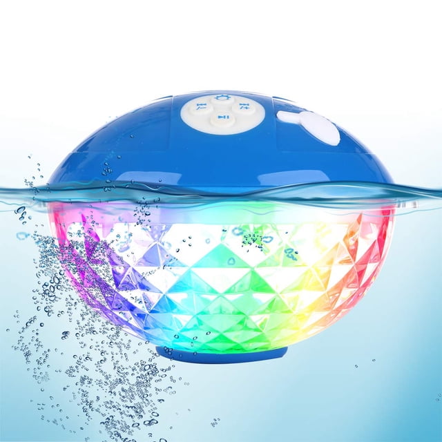 Blufree Altavoz Bluetooth para piscina con luces coloridas, altavoz flotante portátil para piscina IP68 impermeable, micrófono incorporado, sonido cristalino flotante inalámbrico Bluetooth para piscin