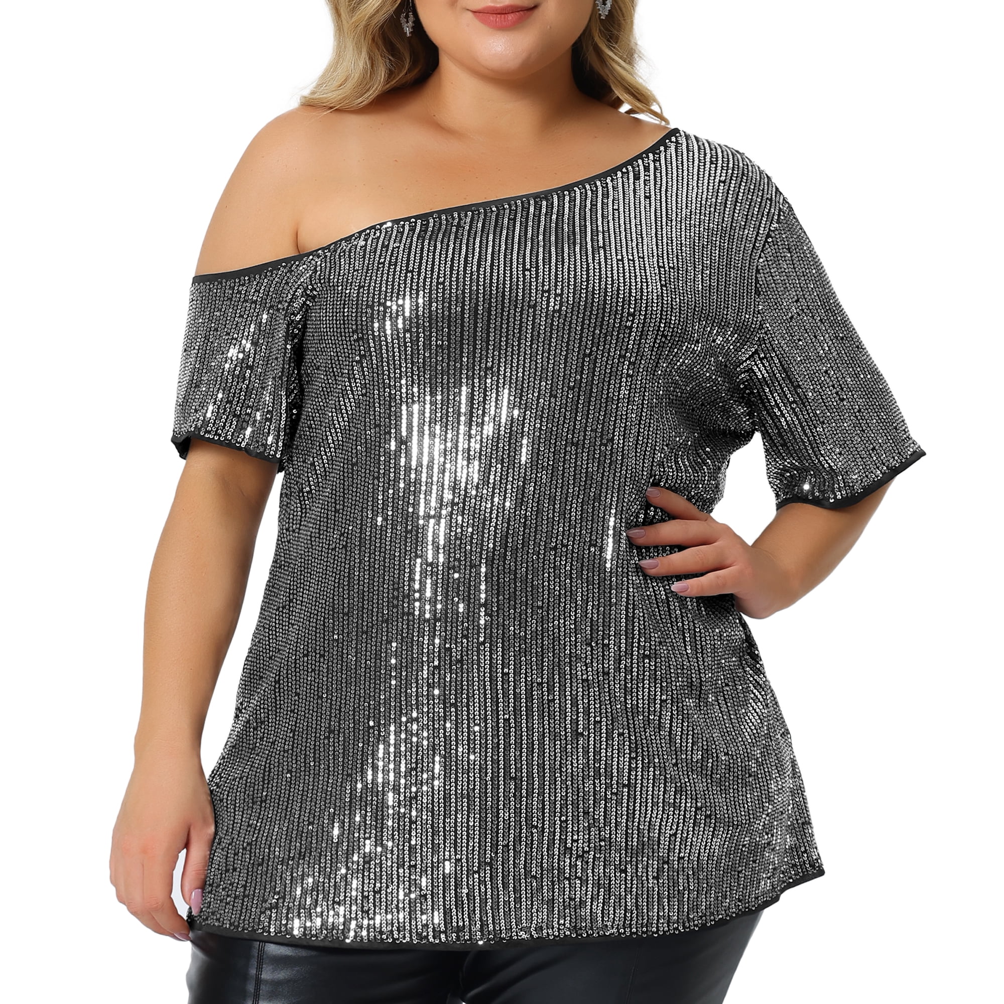 Women's Plus Tops One Shoulder Short Sleeve Metallic Blouses Party Sequin Tops 4X Silver