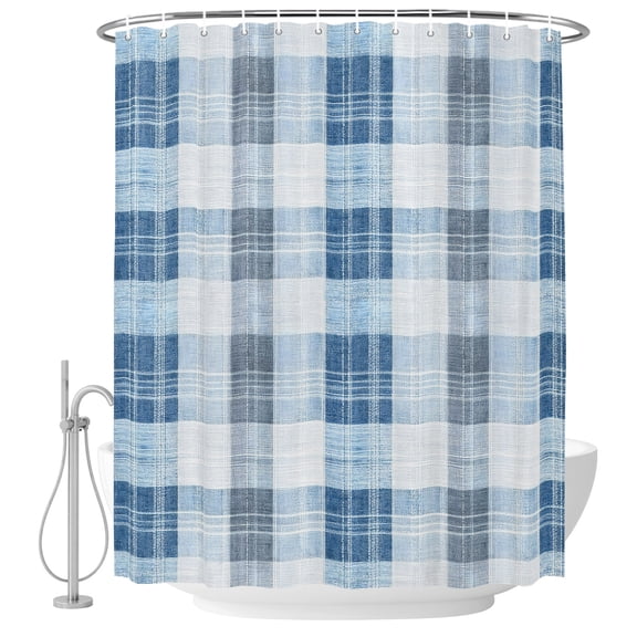 Coastal Buffalo Plaid Fabric Shower Curtain Nautical Blue White Grey Gingham Washable Shower Curtains for Bathroom, Waterproof Bath Curtain with Hooks Home Decor 36x72in