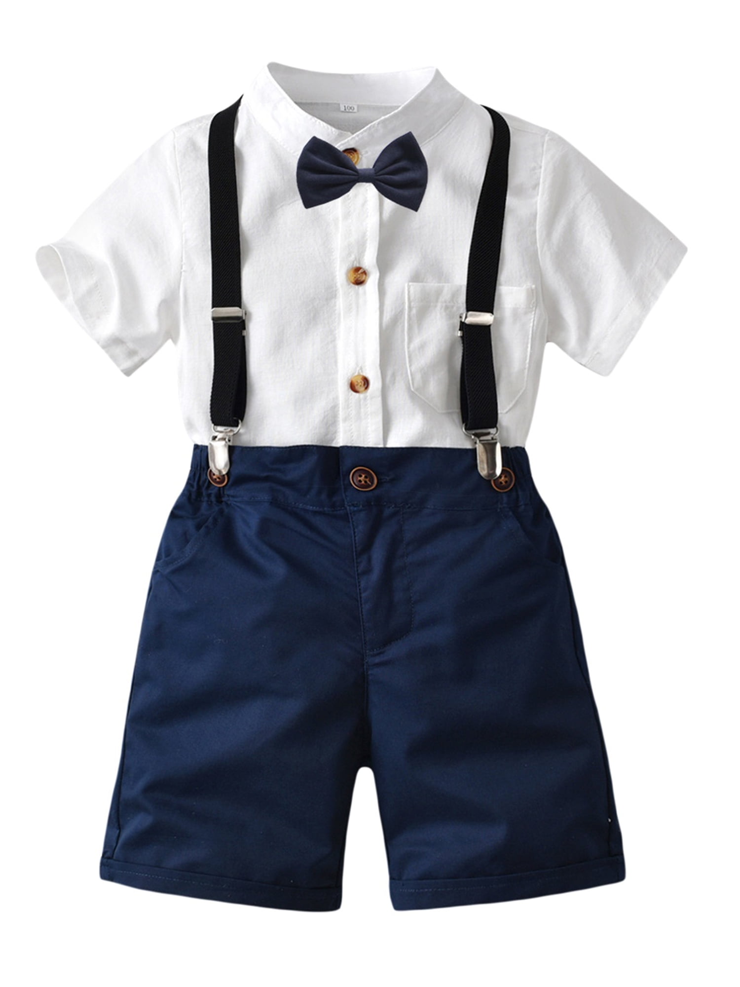 Kids Baby Boys Summer Gentleman Bowtie Short Sleeve Shirt+Suspenders Shorts Suit 