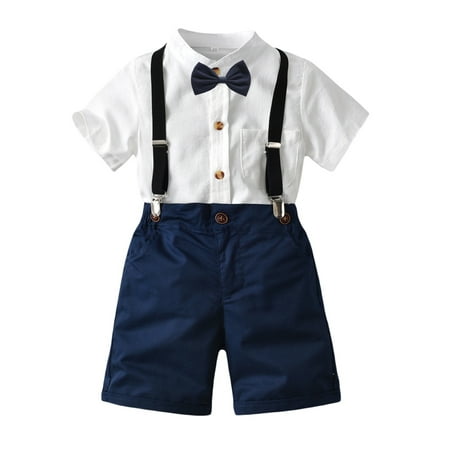 

Licupiee Toddler Kids Boys 3Pcs Gentleman Outfits Short Sleeve Bow Tie Shirts+Suspender Short Pants 1-6Y