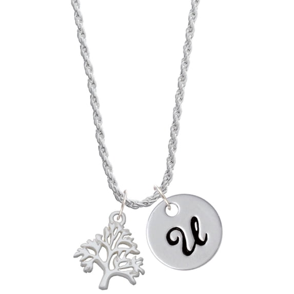 Delight Jewelry Silvertone Medium Tree of Life Silvertone Script Initial Disc - U - Charm Necklace, 20"+3"