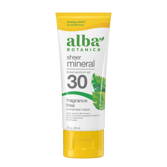 Alba Botanica Sheer Mineral Sunscreen Lotion SPF 30, Fragrance Free, 3 fl oz