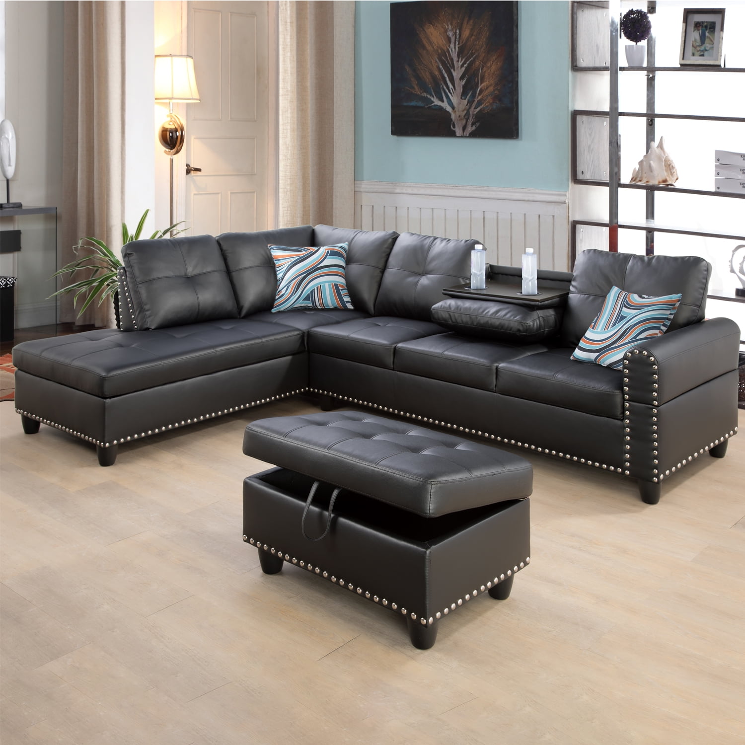 Sectional Sofa Couch, Modern 4-Seaters Living Room Furniture Sets with Chaise Lounge, Ottoman, L Shape Couch | Cup Holder | Faux PU Leather, Black