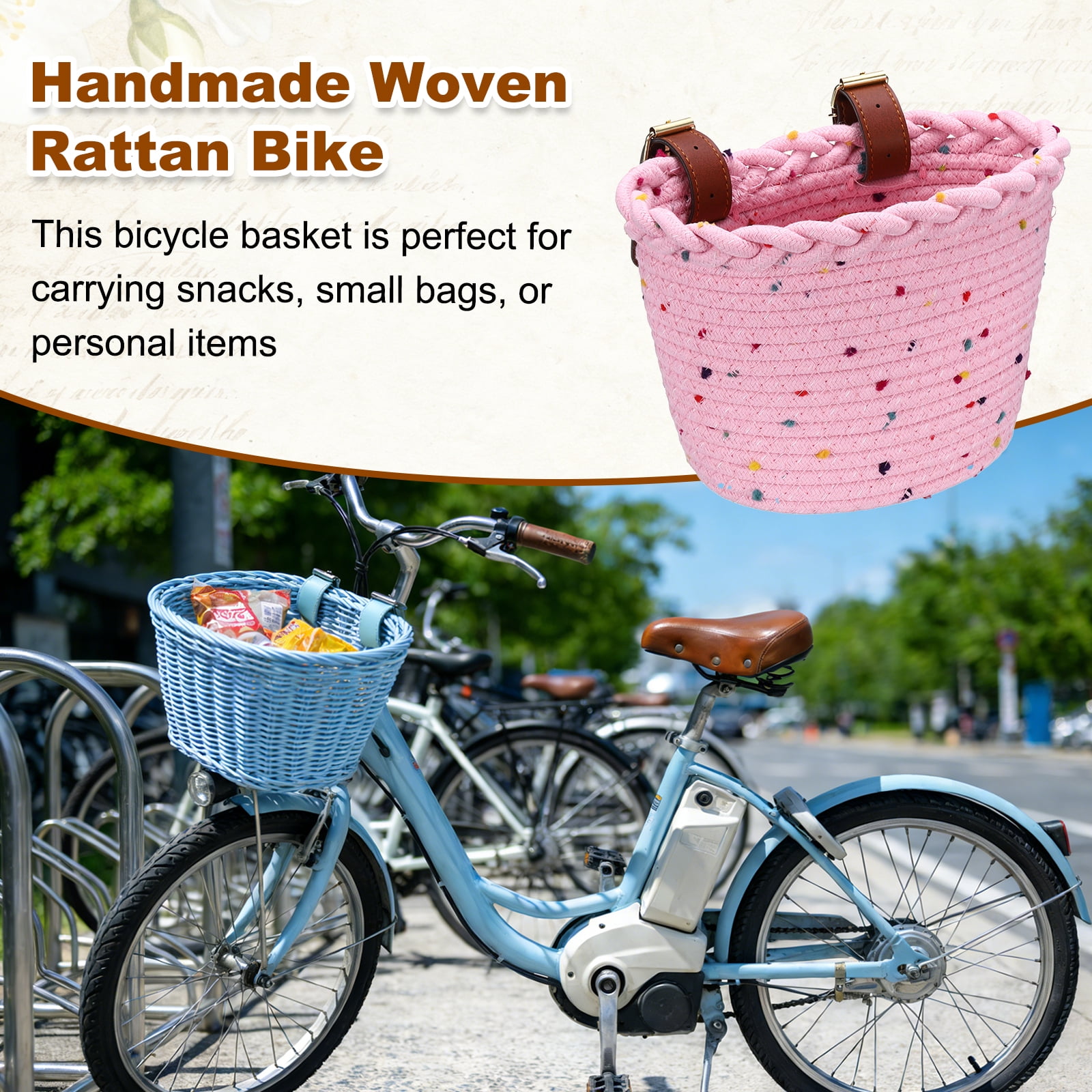 Uxcell Bike Basket, Cotton Rope Bicycle Basket Adjustable Front Baskets with 2 Leather Belt Buckles Unisex Strong Load 8.8 x 6.7 x 6.5" & Pink-Fitting For(Bikes/Tricycle/Scooters)