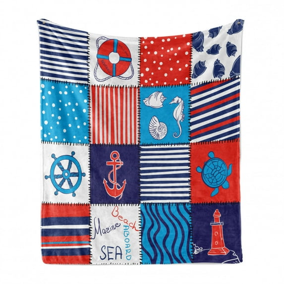 Geometric Soft Flannel Fleece Throw Blanket, Checkered Style Nautical Elements Composition with Anchor Helm and Fish Motifs, Cozy Plush for Indoor and Outdoor Use, 50" x 70", Multicolor, by Ambesonne