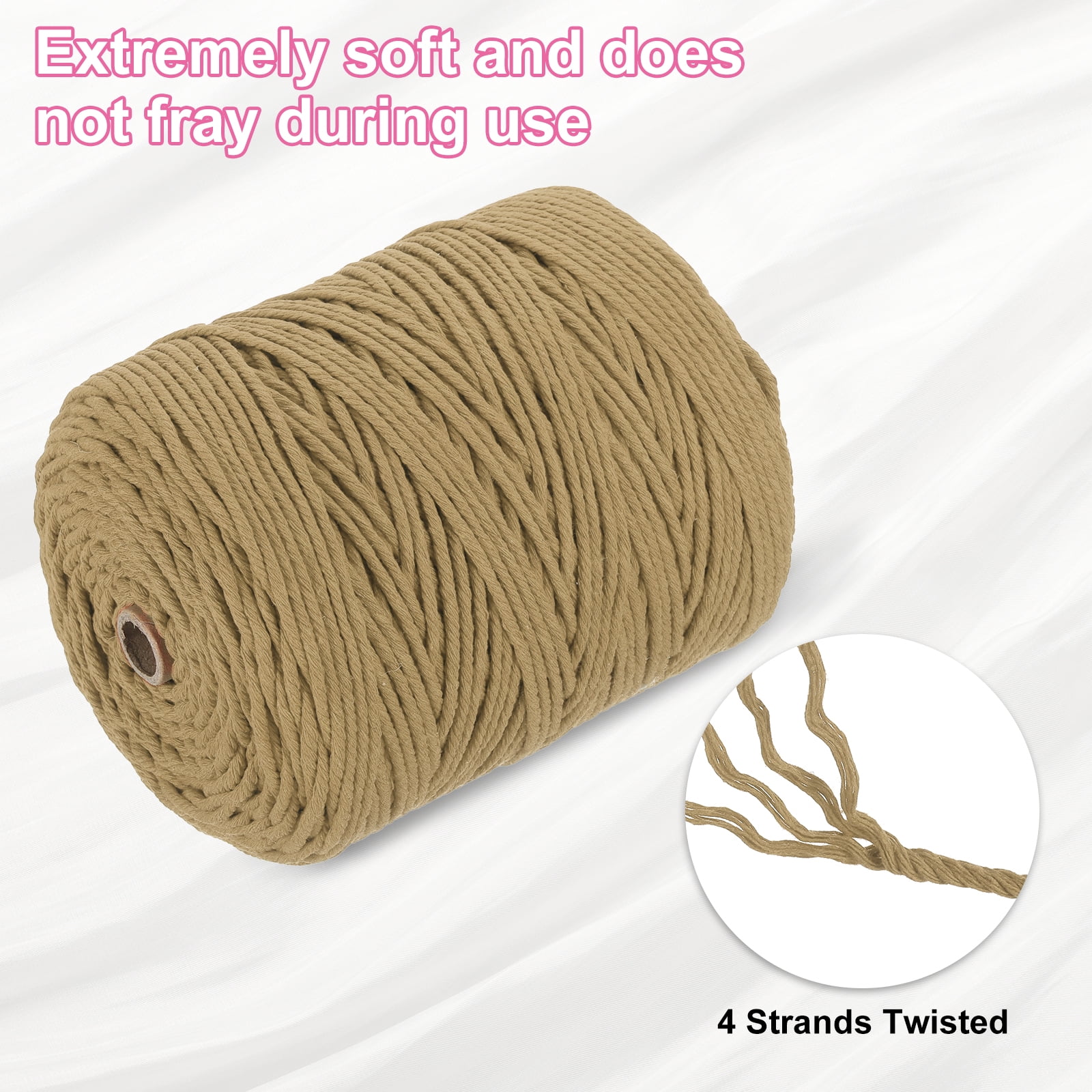 Uxcell Natural Macrame Cord 3mm x 328 Yards 4 Strand Twisted Cotton Macrame Rope for DIY Knitting Plant Wall Hanger Dreamcatcher, Light Brown