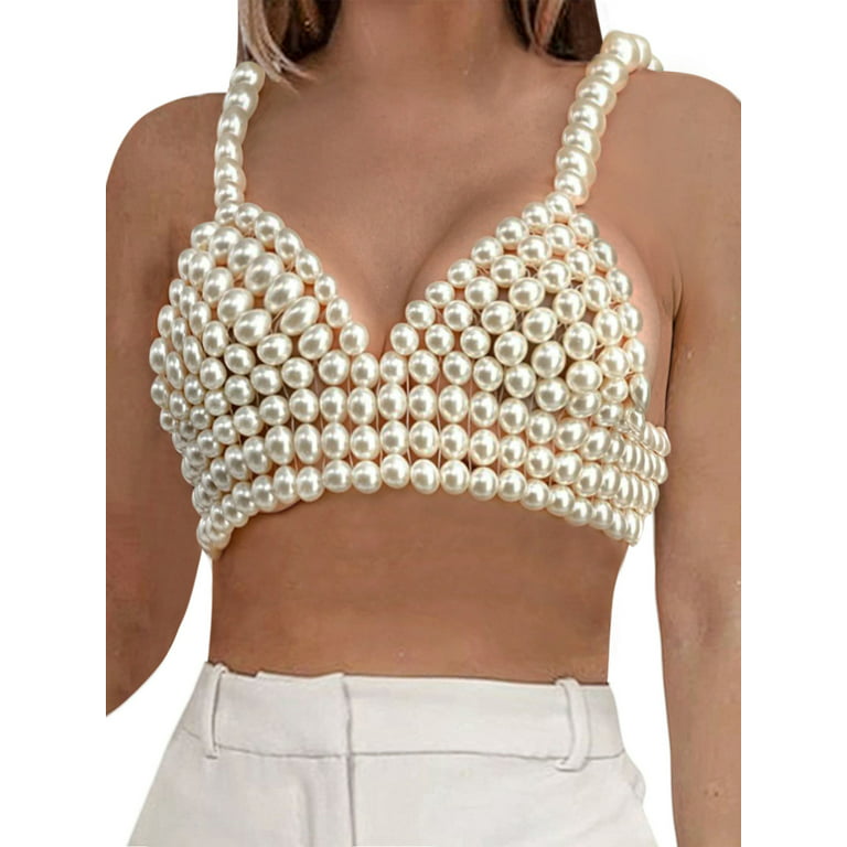 Sunisery Women Sexy Pearls Beaded Cami Top Pearl Crop Top Spaghetti Strap  Bra Cover up Top Tank Top Party Streetwear 