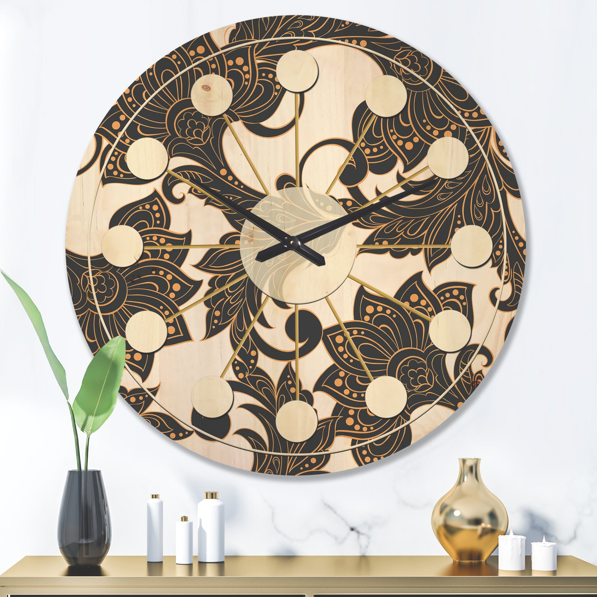 Designart 'Indian Floral Batik Retro I' Mid-Century Modern Wood Wall Clock