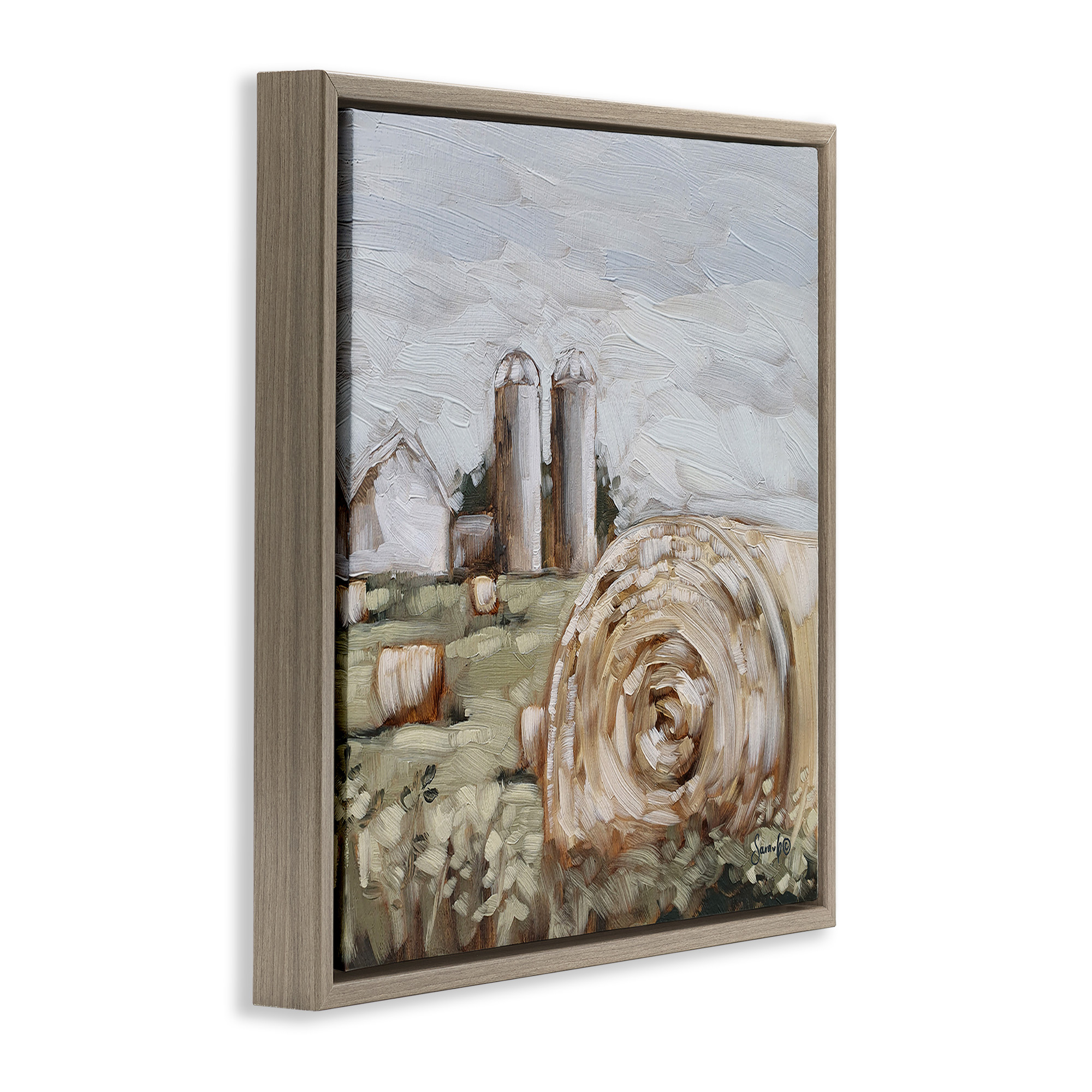 Stupell Industries Hay Bales Farmland Pasture Landscape Painting Brown Floater Framed Canvas Art Print Wall Art, 18 x 18