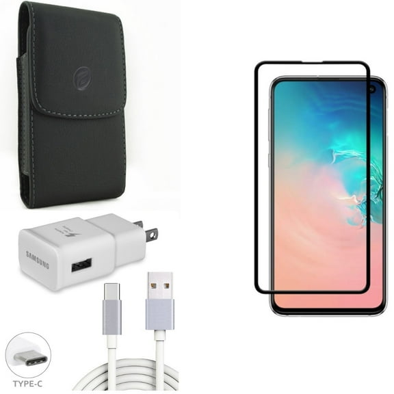Galaxy S10e Screen Protector w Fast Home Charger w Case Belt Clip - Tempered Glass 5D Curved Edge, Type-C 6ft USB Cable Quick, Leather Holster Cover for Samsung Galaxy S10e Phone